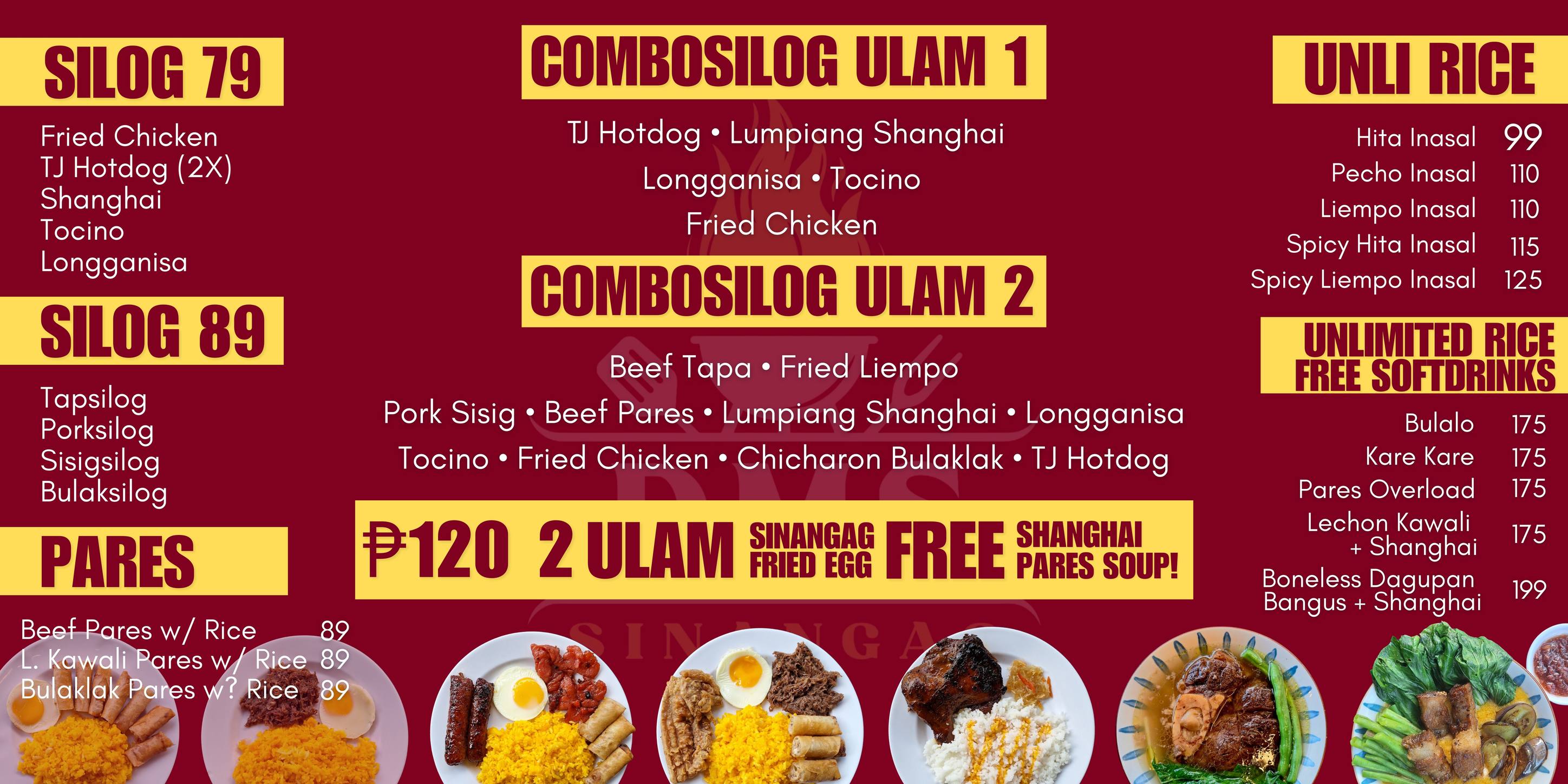 Complete DMS Sinangag menu showing all silog, combosilog, unli rice, and pares offerings with prices